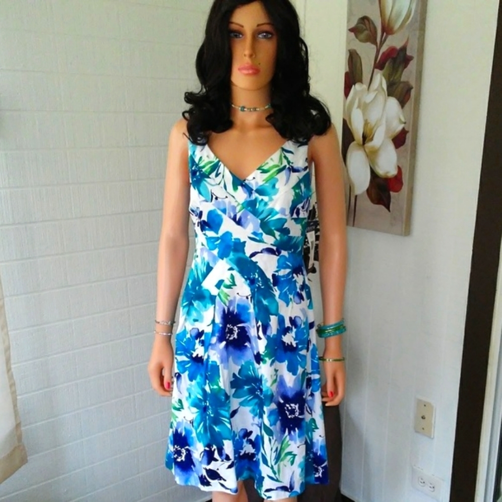 Chaps Blue and White Multi-color Dress